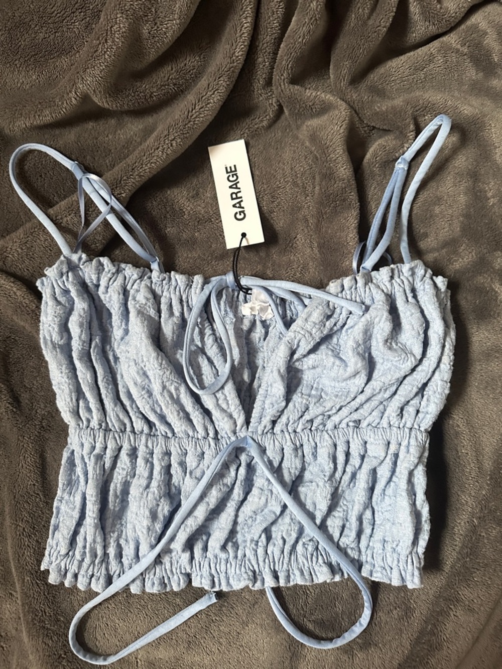 Garage Pale Blue Smocked Crop Cami with Tie Detail